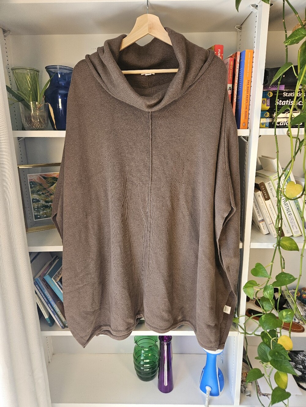J Jill Cozy Knit Sweater Poncho Cowl Neck Brown Cotton Cashmere Large Fall